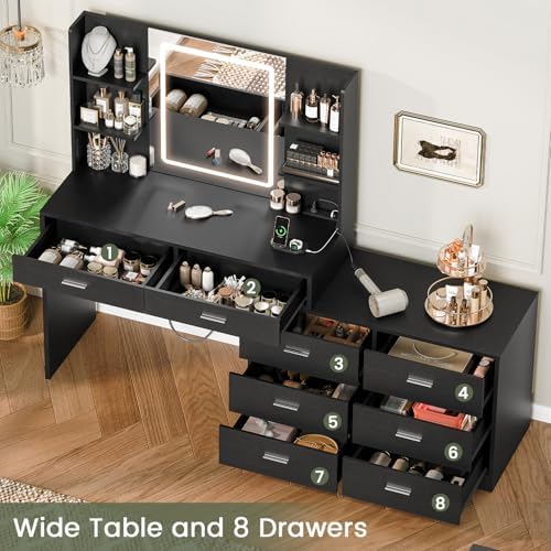 FIONESO Vanity Desk with LED Light Mirror & Power Outlet, 8 Drawers, 6 Storage Shelves, 3 Color Modes & Adjustable Brightness Makeup Vanity, Corner Vanity, L Shape Vanity, 39.4”-64.9" Desk, Black - Image 3