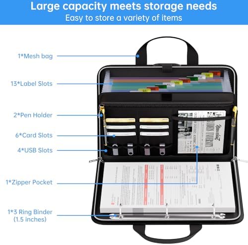 Tamfile Accordion File Organizer with Lock, Fireproof 3 Ring Binder, Black - Image 4