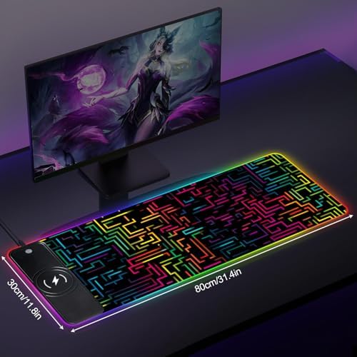 Wireless Charging RGB Gaming Mouse Pad, 31.5 x 11.8 Inch Extended Mouse Mat with Neon Geometric Line Design, LED Desk Pad with 7 Lighting Modes, Non-Slip Base for Gaming & Office - Image 2