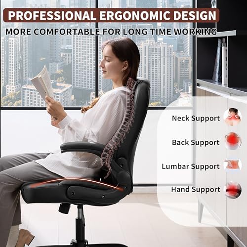 Leather Office Chair Swivel Lumbar Support for Short People Black - Image 3