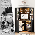 Corner Desk with - LED Reading Light, L-Shaped Computer Desk w/Hutch & Shelves, Home Office Desk w/Charging Station for Work & Study, File Cabinet Storage Bookshelf for Small Space (Black) - Image 5