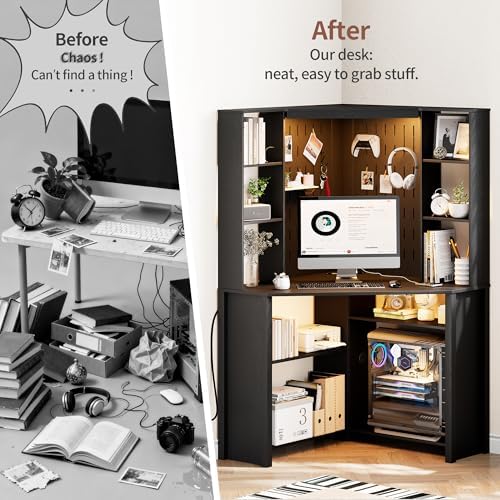 Corner Desk with - LED Reading Light, L-Shaped Computer Desk w/Hutch & Shelves, Home Office Desk w/Charging Station for Work & Study, File Cabinet Storage Bookshelf for Small Space (Black) - Image 5