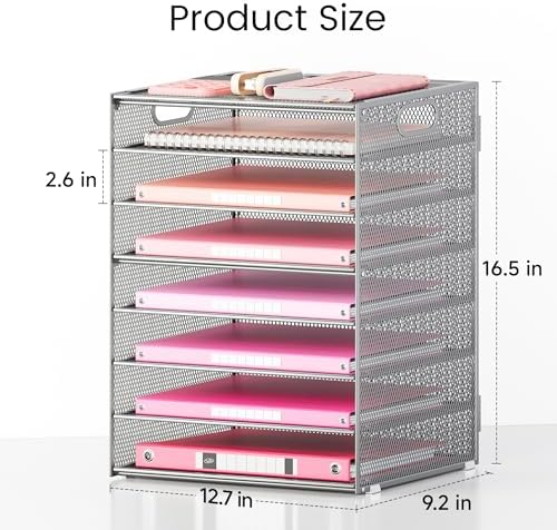 Lavatino 2 Pack 8-Tier Office Desk File Organizer, Letter Tray Paper Organizer with Handle, Including 5 Adjustable Slide Trays for Organizing Desk Workspace Accessories and Supplies (Silver Mesh) - Image 3