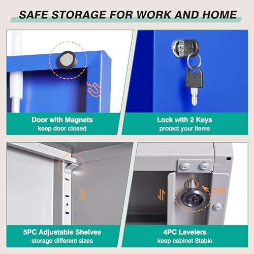 Metal Cabinet with 5 Adjustable Shelves,6 Tier Garage Storage Cabinet with Lock,Gray Blue Metal Storage Cabinet with Locking Doors,Steel Cabinets,71" Lockable Storage Cabinets for Home,Office,Garage - Image 6