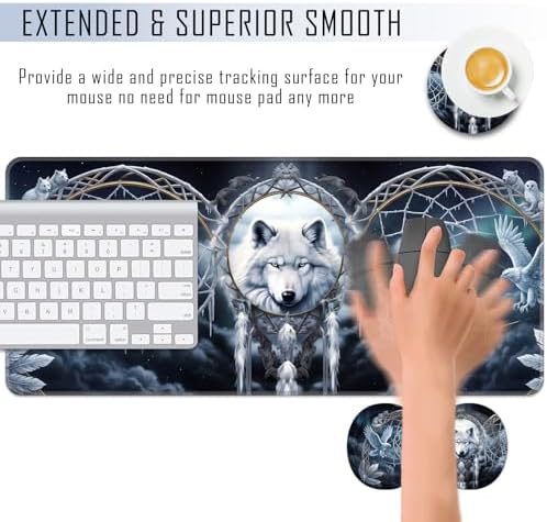 TGFEWYTJYJ Extended Gaming Mouse Pad,Memory Foam Ergonomic Keyboard Mouse Wrist Rest Support Set,Large Desk Mat with Stitched Edges,Non-Slip Base Mousepad Home Office,Dreamcatcher Wolf - Image 4