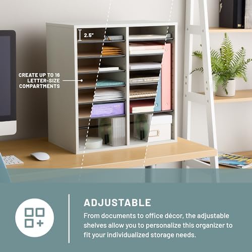 Safco 9422GR Wood Adjustable Literature & Paper Organizer, 16 Adjustable Compratment, Stackable Durable Construction, Home, Office, Mailroom, Classroom Mailbox , Gray - Image 2
