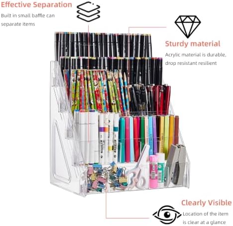 Acrylic Pen Pencil Holder for Desk With 25 Compartment Desk Organizers and Accessories,Durable Material Can Hold Pen Brush Cosmetic Scissor Clip Tape staplers Fit Home Office School(5 Tier) - Image 2