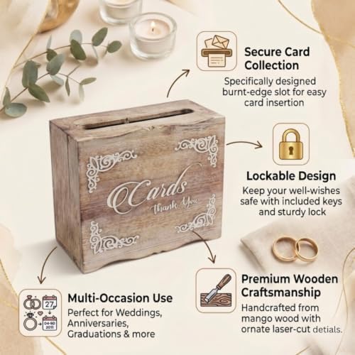 Wooden wedding Card Box with Lock - Elegant Graduation Decorations & Greeting Card Organizer, Secure Keepsake Storage for Cards, Invitations & More, Stylish & Functional Design - Image 3