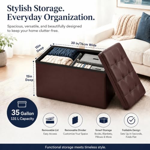 ALASDO 30 Inch Folding Storage Ottoman Bench with Hidden Storage, PU Leather Ottoman Foot Rest Stool, End of Bed Bench for Bedroom, Living Room, Entryway and Closet, Brown - Image 5