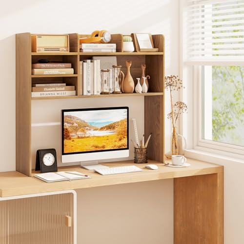 BECOMFORT Desk Hutch, Desk Organizer Shelf w/ 6 Storage Compartments, up to 32” Monitor, Wooden Display Rack, Desktop Bookshelf for Vanity Dressing Tabletop College Dorm Home & Office - Image 2