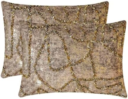 The HomeCentric Pack of 2 Decorative Lumbar Pillow Cover Gold, 12"x22" Jacquard Foil, Bead, Sequins, Hand Embroidery Lumbar Cushion Covers for Sofa, Couch, Abstract Modern - Astral Antique Gold - Image 4