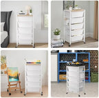 Rolling Cart with 5 Drawers, Plastic Drawer Storage Carts with Wheels & Wooden Tabletop, Metal Utility Cart with Pegboards, Office Living Room Classroom Craft Organization and Storage, Bright White - Image 6