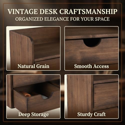 Wooden Desk Organizer with Drawers, Wood Makeup Organizer and Mail Rack for Desktop, 3-Tier Vintage Storage Caddy with Top Shelf for Office Supplies, Vanity, Bedroom, No Assembly, 13 x 6.7 x 8.6 in - Image 4