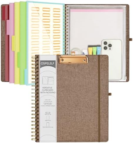 Ospelelf Brown Foldable Spiral Clipboard Folio with Storage Zipper Pouch, 5 Plastic Folders with 10 Pockets, Refillable Lined Notepad (11" x 8.5"), Linen Hardcover Project Organizer by OspelelfOfficeSupplies