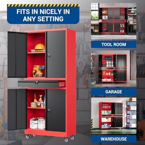 Fesbos 73" Metal Cabinet-Black & Red Heavy Duty Rolling Storage Cabinet Steel Tool Cabinets with Wheels, Shelves, Lockable Doors and Drawers- for Garage, Warehouse Home Office- Assembly Required - Image 5