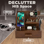 TESLYAR Wood Phone Docking Station with Drawer - Nightstand Organizer - Desk Organizer for Husband - Birthday Gifts for Men, Dad, Anniversary Idea, Key Holder Stand Watch & Accessories (Bourbon Brown) - Image 2