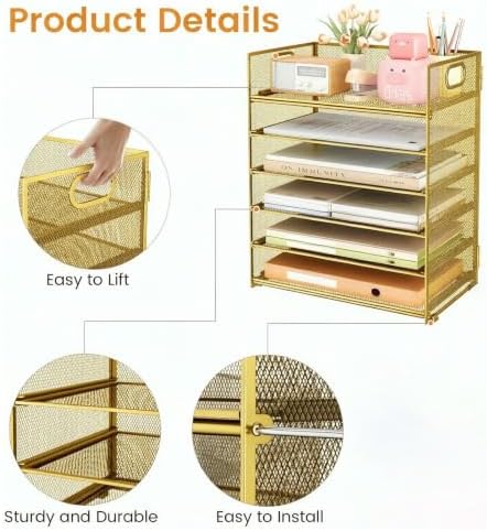 6 Tier Paper Organizer with Handle,Construction Teacher Desk Decor,Gold - Image 2