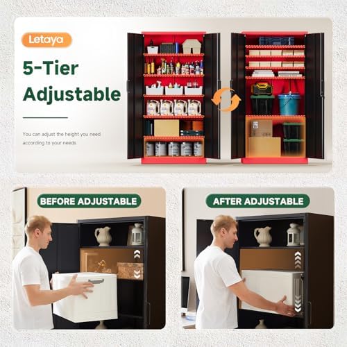 Letaya Metal Garage Storage Cabinets with Lock, 72" Tall Locker Organizer Steel Tool Cabinets,5 Adjustable Shelves 2 Doors for Home Office, Warehouse,Garage,Industrial,Employee (Black Red) - Image 4
