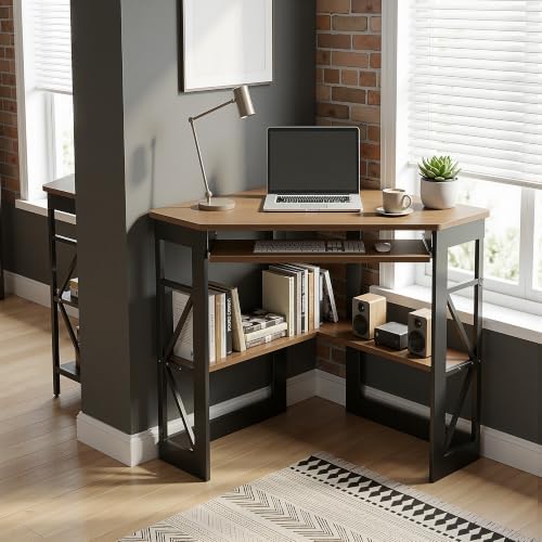 VECELO Corner Computer Desk 41 x 30 inches with Smooth Keyboard & Storage Shelves for Home Office Workstation, Teakwood Brown - Image 5