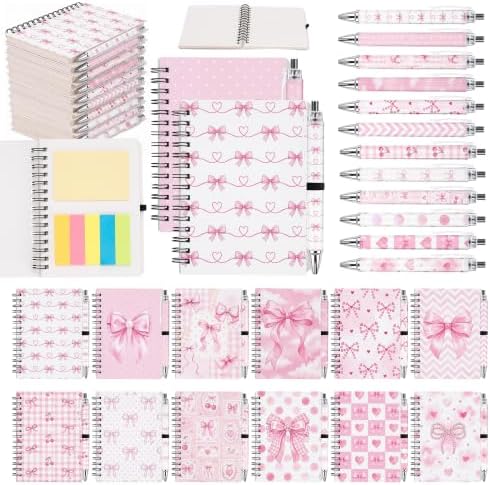 Sprial Notebooks with Pens Bulk, 48 Pack, 5.5 x 4.7 Inch, Pink Bow by Culudea