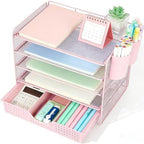 LEKETREE Desk Organizers and Accessories, 5-Tier Paper Letter Tray Organizer with Drawer & 2 Pen Holders, Desktop Organizer for Office Supplies (Pink) by Stylishworkspaceeffortlessorganization