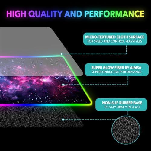 AIMSA LED Gaming Mouse Pad RGB, Large Mouse Pad with 14 Light Modes, Keyboard Mousepad Led Extended Surface (35.4 x 15.8 in) for Desktop Gamers, Blue Purple Starry Nebula - Image 4