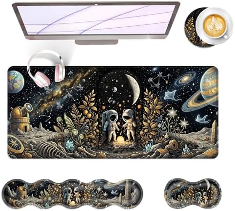 Large Keyboard Mouse Pad Set, Extended Mouse Pad+Keyboard Wrist Rest Support, Memory Foam Ergonomic Easy Typing, 4Pcs (31.5×11.8 in) Desk Pad Set for Office Home,Space Astronaut by Unknown