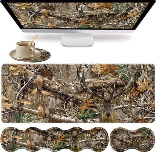 Large XXL Gaming Desk Mat 31.5"x 11.8", Ergonomic Keyboard Wrist Rest & Mouse Pad Wrist Rest + Coaster Set, Non-Slip Base, Memory Foam, Office and Home, Camouflage Giraffe by FOKBVNFLL