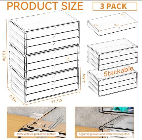 Yieach 11.1 Inch Long Clear Drawer Organizers Stackable,3 Pack Small Acrylic Drawers,School,Office Supplies Organizer And Storage Bins for Stationery,Marker,Pen,Pencil,Craft Desktop Storage Drawers - Image 3