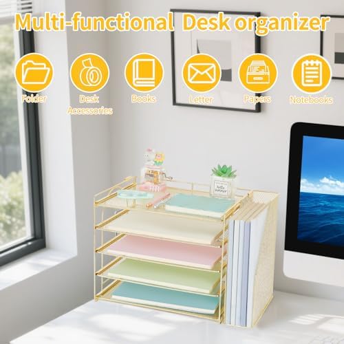 AUPSEN Gold Desk Organizers and Accessories, 5-Tier Desktop Paper File Organizer with Removable File Holder, Desk Accessories & Workspace Organization for Home Office Supplies (Gold) - Image 4
