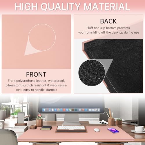 AKOZLIN 35.4"x 18.9" Soft PU Leather Surface Office Desk Mouse Mat Anti-Push Pad with Full Grip Fixation Lip Table Blotter Edge-Locked Protector Pink - Image 3