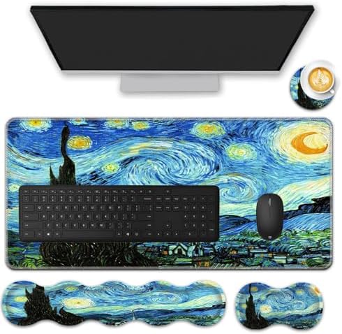 Mouse Pad Set,(31.5×11.8 in) Desk Pad + Keyboard Wrist Rest Support + Mouse Wrist Rest + Coaster for Office,Home,Computer,Laptop - 4 Starry Night by FGDRFGRW