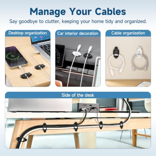 20 Sets Adjustable Cable Management Clips, Self Adhesive Cord Organizer with Elastic Loop, Reusable Cable Holder for Desk, Under Desk, Wall, TV, Office, Home, Charging Cables, USB, HDMI, PC Wires - Image 2