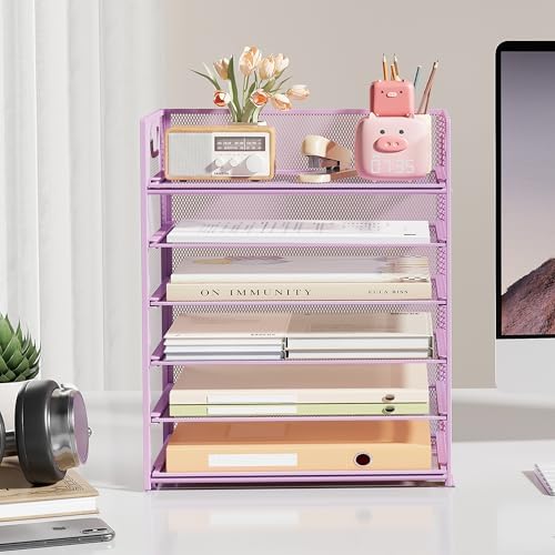 Subekyu 6-Tier Desk Paper Organizer, Desktop File Letter Tray with Handle, Document Sorter and Accessories Holder for Office, Home and School Workspace Organizers, Purple-2 Pack - Image 4
