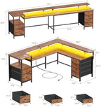 Furologee 66'' L Shaped Computer Desk with 6 Drawers & LED, Rustic Brown - Image 3
