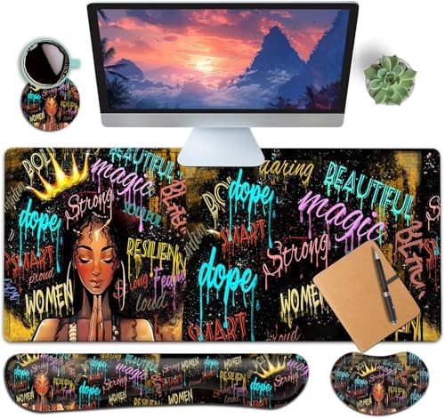 Large Gaming Mouse Pad+ Keyboard Wrist Rest Set, Ergonomics Memory Foam Mouse Mat Wrist Rest Support, Waterproof Extended Mousepad 31.5x11.8in, African American Black Women Graffiti Girl Desk Pad by YVBHCGGGF