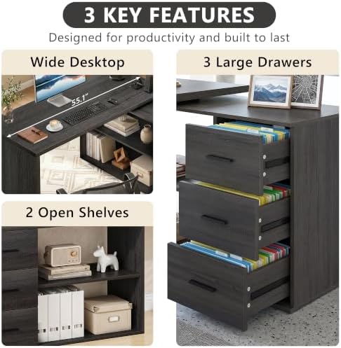 HSH Dark Grey L Shaped Computer Corner Desk with 3 Storage Drawers 55 inch - Image 3