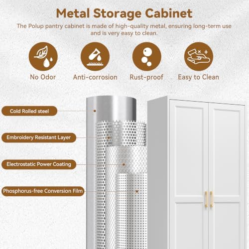 Polup 71" White Metal Kitchen Pantry Storage Cabinet with Doors and Shelves - Image 4