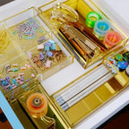 Gold Acrylic Desk Organizer for Office or Home Desk Drawer Dividers, Makeup Vanity Storage Bins, Stackable 4-Pack, Acrylic Accessory and Half Accessory Tray/Small Tray - Image 5