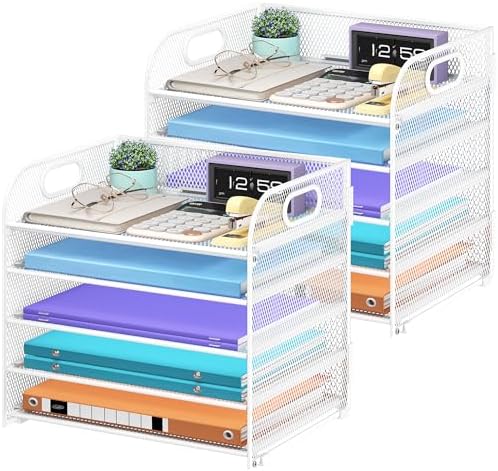 Cawukege 2 Pack 5 Tier Paper Organizer, Letter Tray with Handle, Mesh Desk Organizer, Metal File Organizer, Office Desk Accessories for Home, Office, Classroom, School (White, 2) by Cawukege