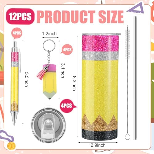 Skylety 12 Pcs/ 4 Sets Teacher Gift Tumbler Set, Glitter Pencil Style - Image 2
