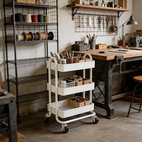 3 Tier Metal Rolling Cart, Utility Storage Cart Shelf Organizer with Wheels for Home & Office, Cream - Image 6