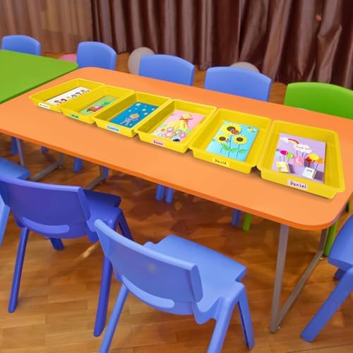 ShineMe 6 Pack Paper Trays for Classroom, Yellow Plastic Book Bins with Colorful Labels, Stackable Letter Size Storage Tray, Desk Organizer Tray for Home, School and Office - Image 4