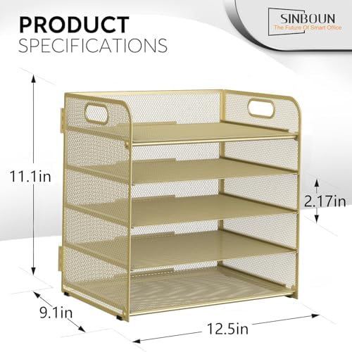 Sinboun Letter Tray Paper Organizer 5-Tier Desk Organizer File Organizer Paper Holder with Handle, Metal Desktop Document Shelf Tray Office Classroom Organization - Gold - Image 2