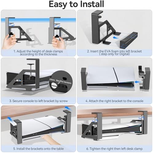 Kosker No-Drill PS5/Slim/Pro Under Desk Mount, Metal Under Desk PS 5 Mount for PS5 Slim Digital & Disc, PS 5 Holder Under Desk with Clamp, Screw and EVA Foam for PS 5/Slim/Pro Digital Console - Image 3