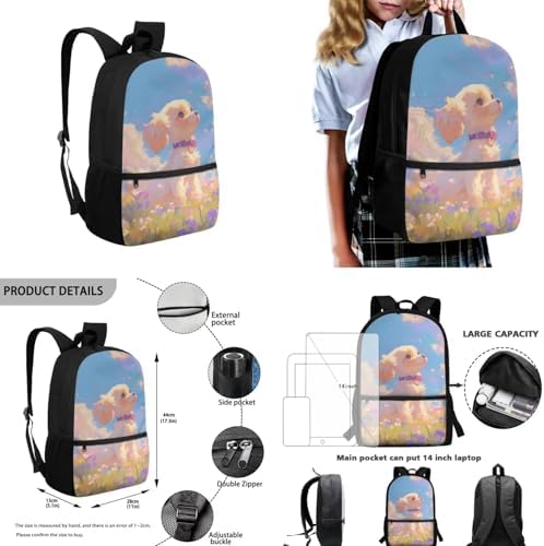 Cartoon Backpack Set of 4 for Girls, Laptop Bags with Portable Lunch Box 4Pcs Sturdy Pencil Case & Cup Sleeve Portable Universal for Preschool Middle School Cute Dog Design - Image 3