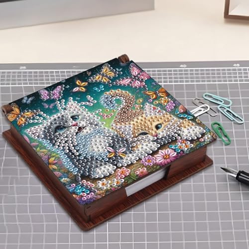 4pcs Beautiful Cat Diamond Art Painting Note Box for Adults, Wooden DIY Sticky Notes Holder Kit with 640 Blank Notepads, Multi-Purpose Desk Organizer for Home Office, Study Thoughtful Gift - Image 4