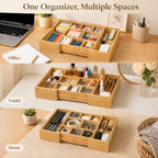Bamboo Drawer Organizer Expandable Desk Storage Set, 10 Adjustable Compartment Junk Drawer Divider and Trays Containers for Kitchen Utensil, Office Supplies, Makeup, Jewelry & Cosmetics Organization - Image 7
