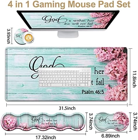 Mouse Pad Set, Large Gaming Mouse Pad + Keyboard Wrist Rest Support + Mouse Wrist Cushion + Coaster, Non-Slip Rubber Base, 31.5 x 11.8 in Extended Desk Mat for Office, Psalm 46-5 Pink Hyacinth - Image 2