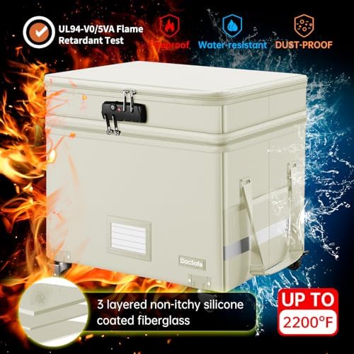 DocSafe Fireproof Document Box with Lock,2-Layer File Box with Wheels,Collapsible File Storage Organizer with Pockets,Large Portable Office Filing Cabinet for Hanging Folders,Beige,16''x13.8''x12.2'' - Image 4